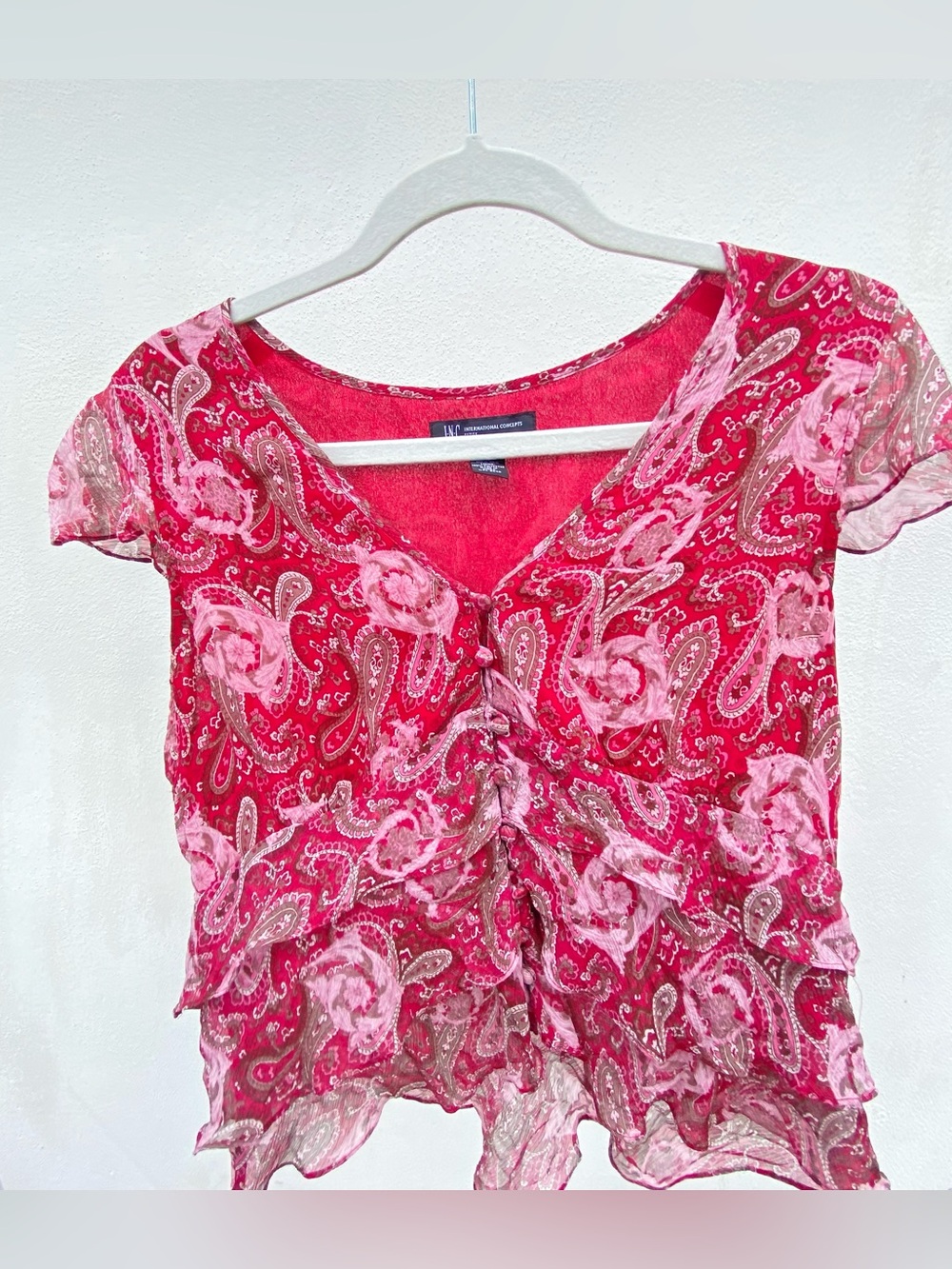 Y2K INC 100% Silk Pink & Red Paisley Ruffle Fairy Top Size 14P Large